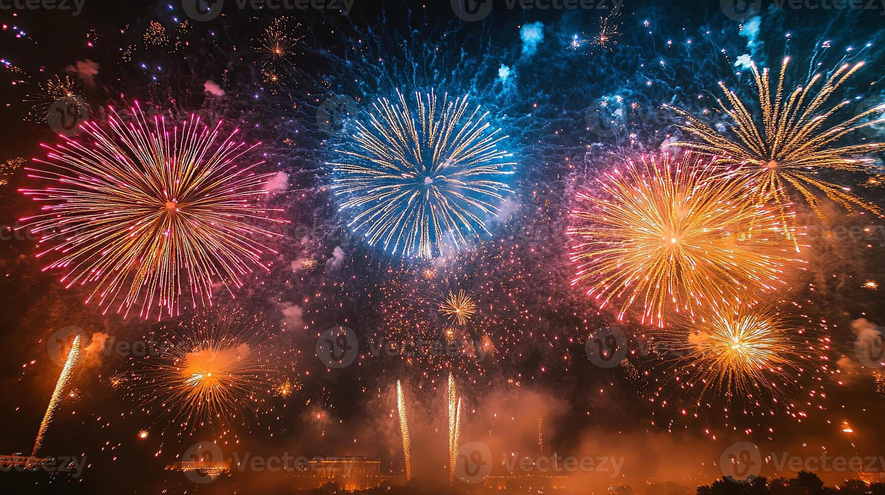 Colorful fireworks illuminate the night sky during a festive celebration over a city skyline on a summer evening photo