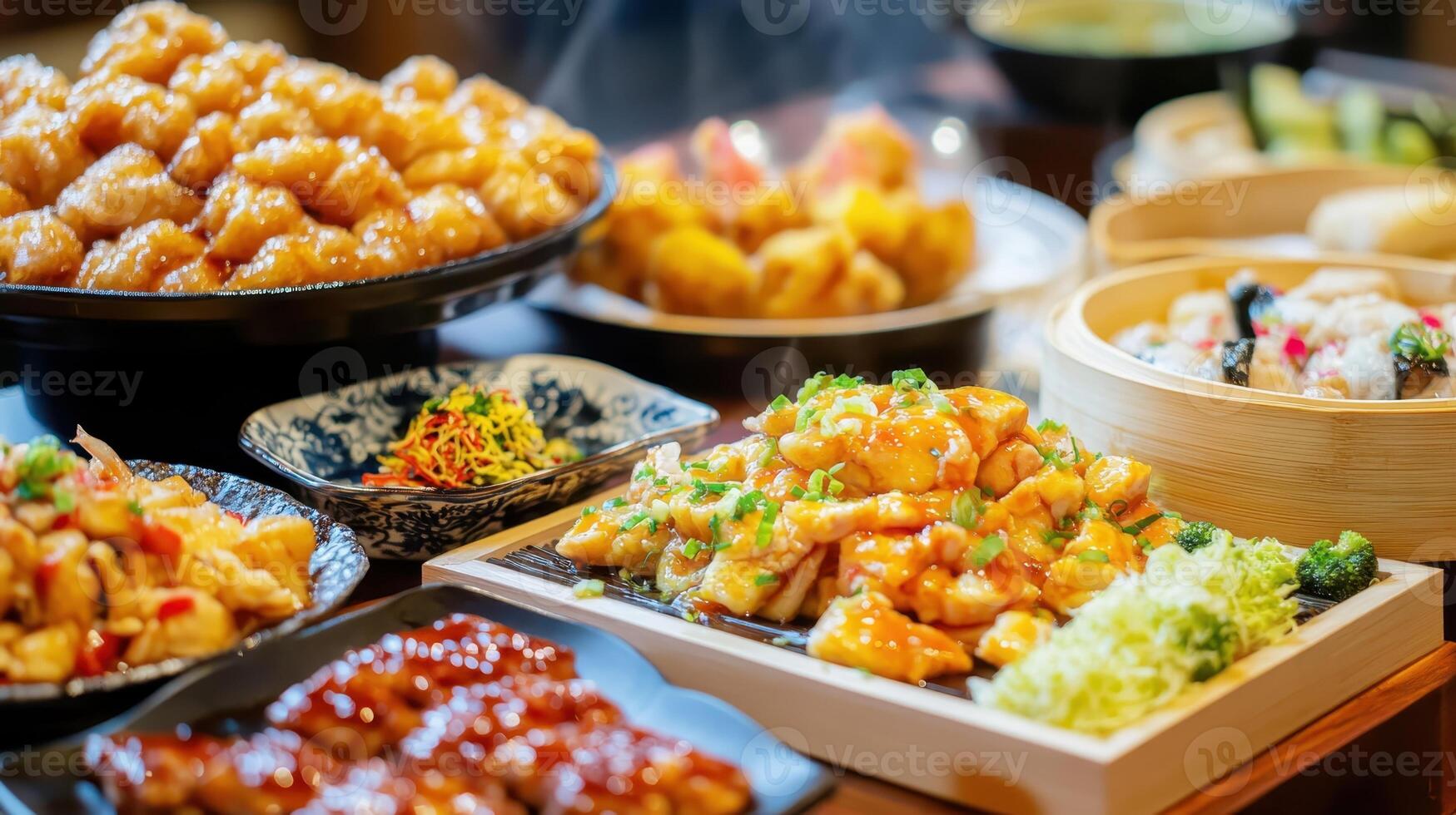 Delicious array of Chinese cuisine featuring sweet and savory dishes served at a vibrant restaurant during dinner time photo