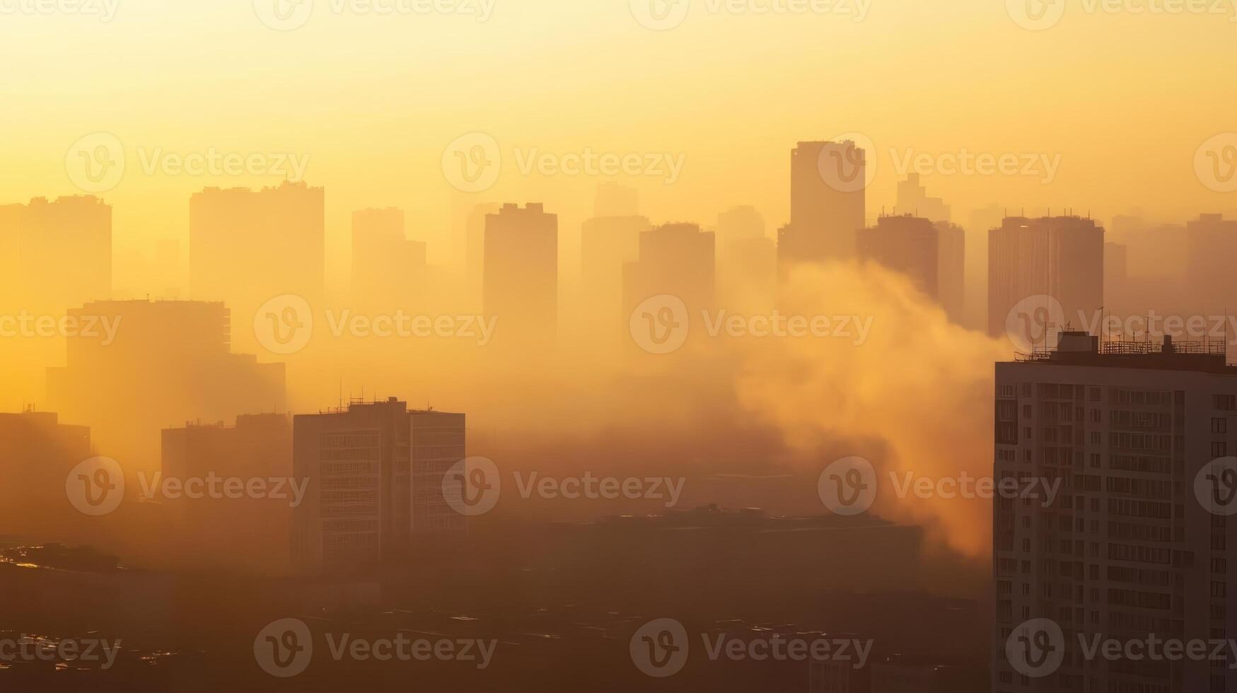 Urban skyline enveloped in morning fog with silhouettes of buildings against a golden sunrise in a bustling city photo