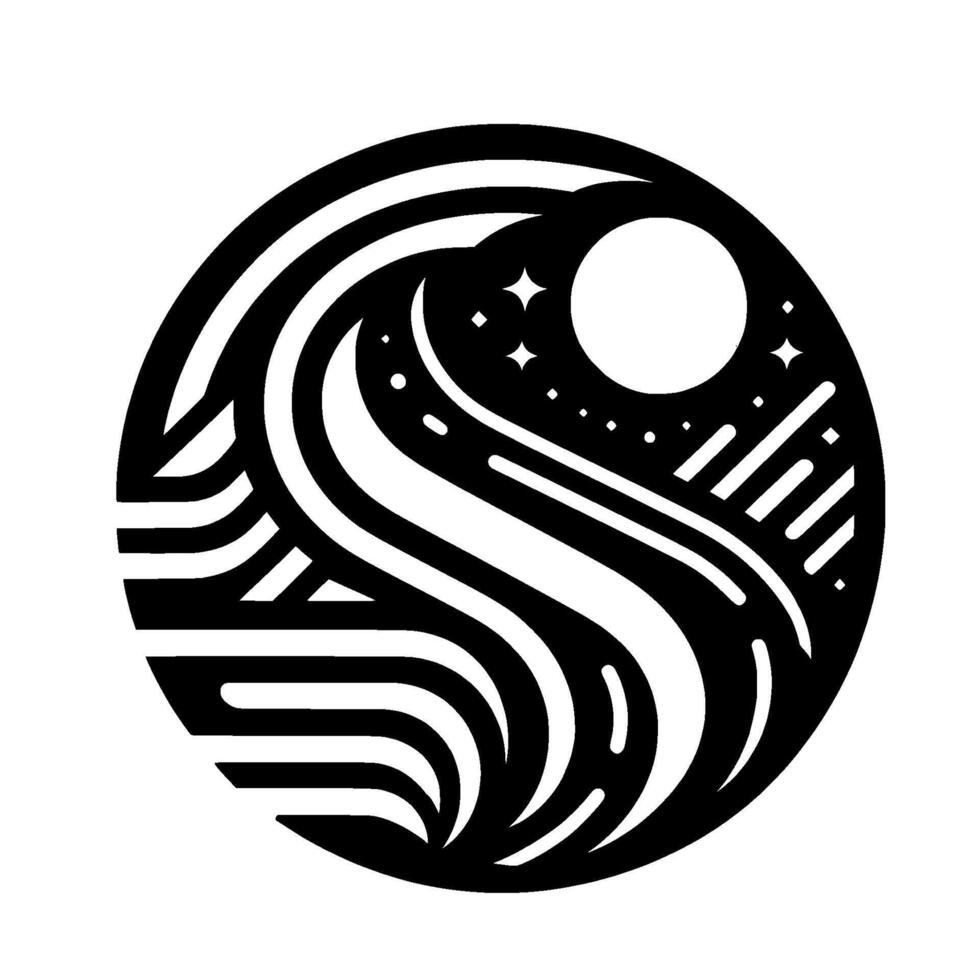 Abstract black and white circular with stylized waves, stars, and a moon, creating a dynamic and minimalist celestial composition. vector