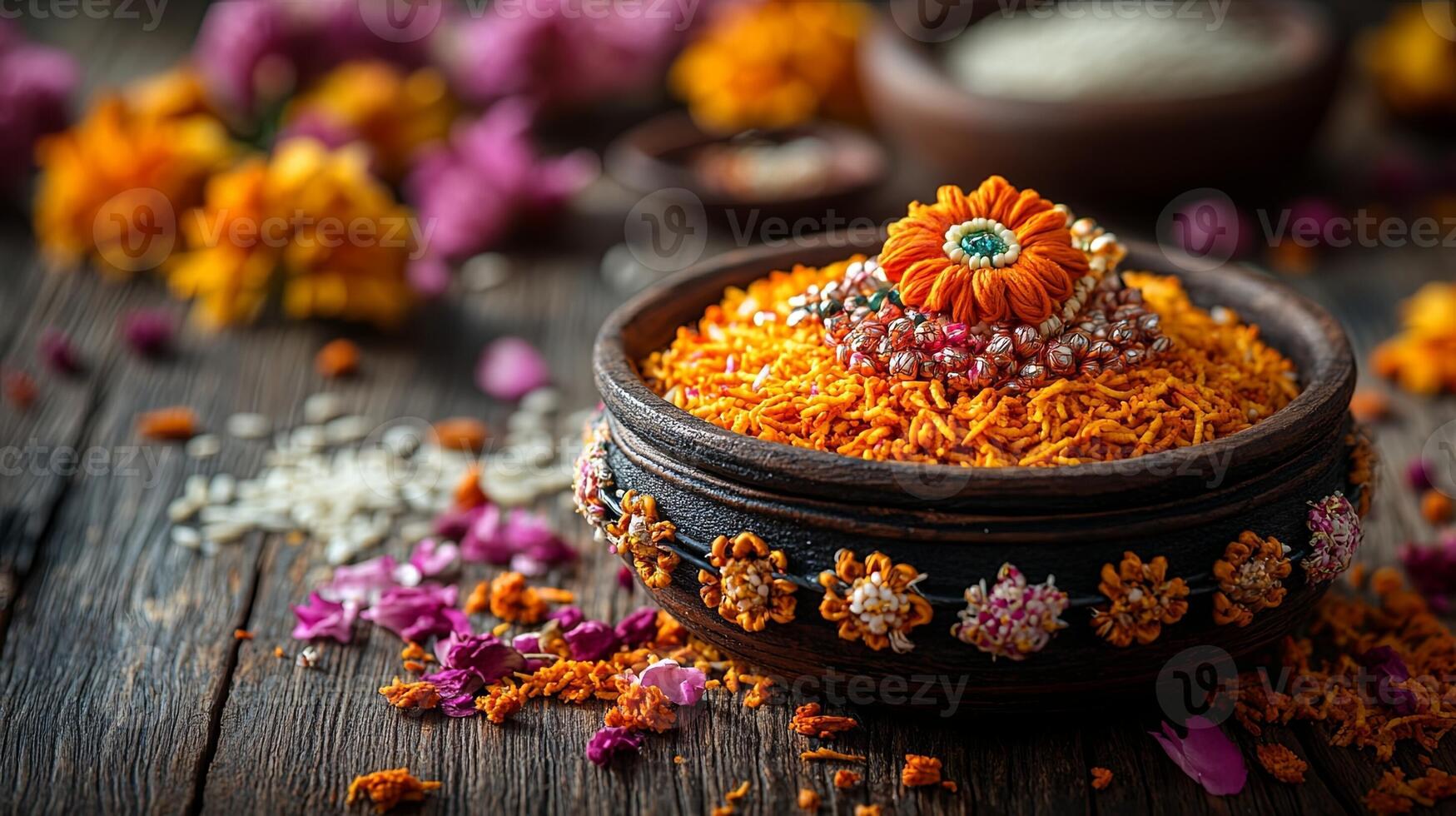 A beautifully handcrafted Rakhi adorned with vibrant kumkum and rice rests gracefully on a wooden table symbolizing the cherished tradition of Raksha Bandhan photo