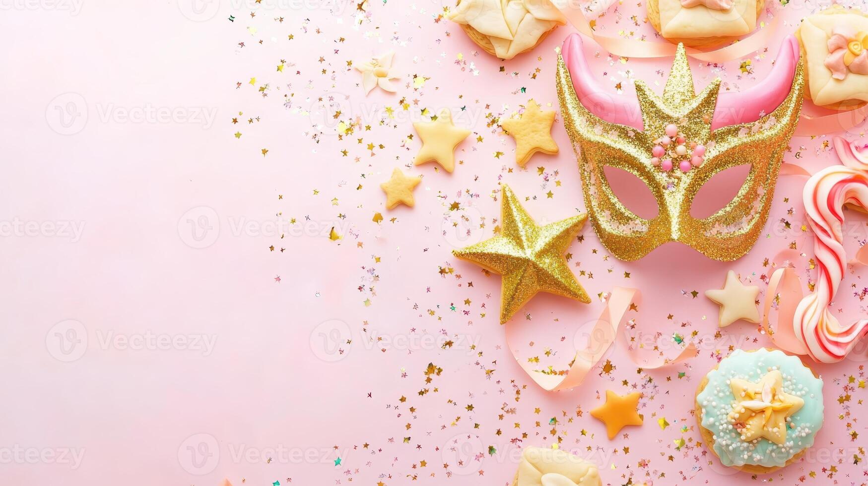 Colorful carnival mask and festive treats arranged on a pink background during a vibrant celebration of joy and creativity photo