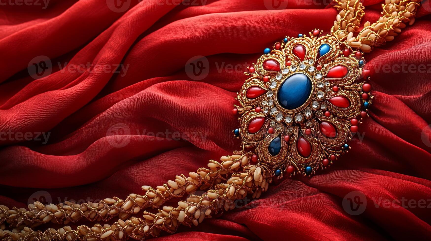 Celebrating Raksha Bandhan with an elegant Rakhi and traditional rice grains on a red textured background photo