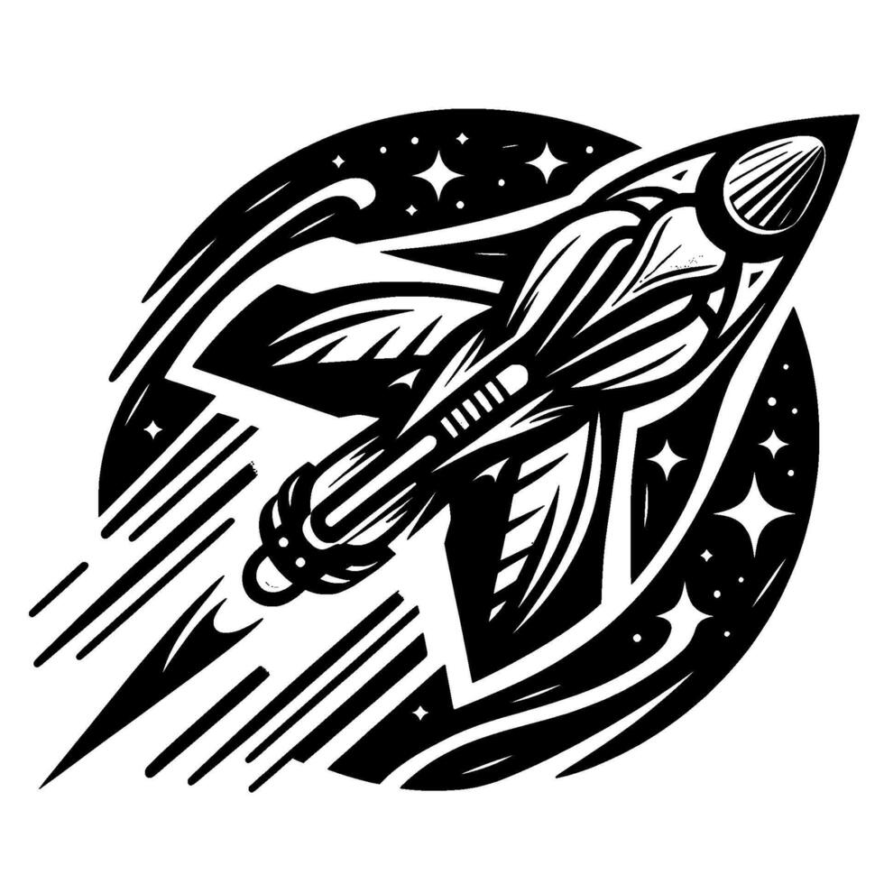 Bold black and white illustration a stylized rocket blasting off amidst a starry cosmic background, creating a dynamic and iconic space exploration emblem. vector