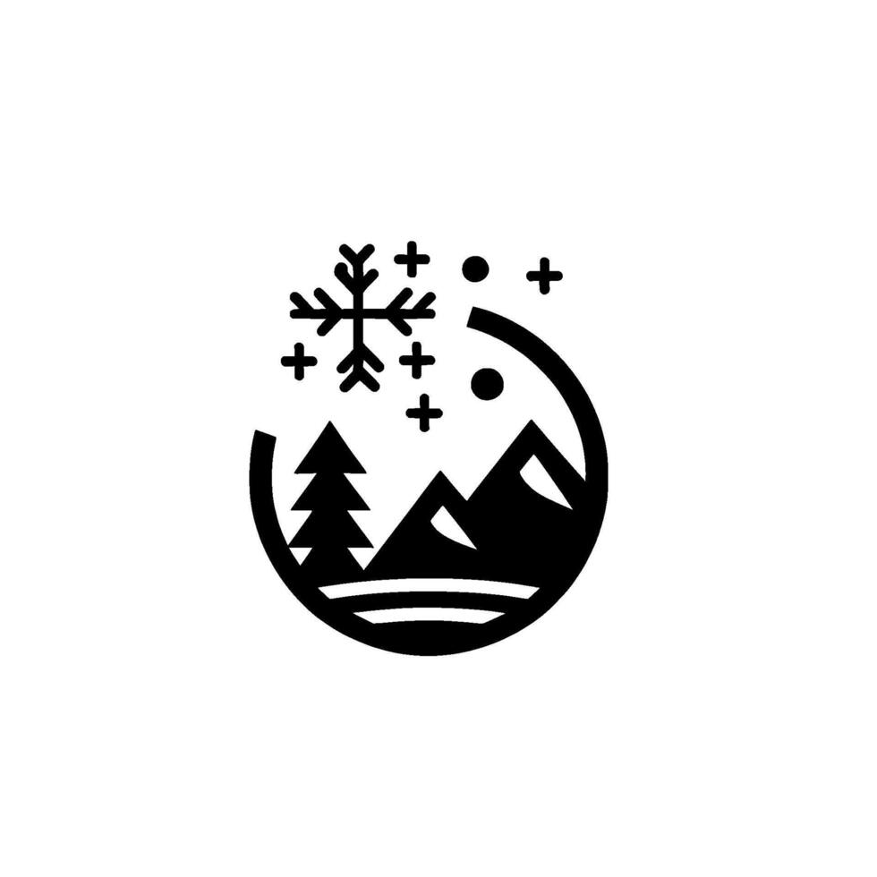 Minimalist winter landscape a circular emblem showcasing snowflakes, mountains, and evergreen trees, representing cold weather activities and winter adventure. vector