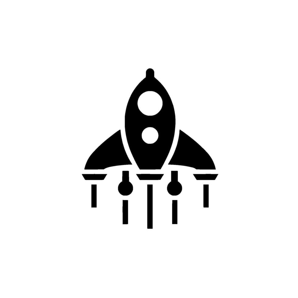 A stylized black rocket launching upwards on a white background, with two circular portholes and visible exhaust trails. vector