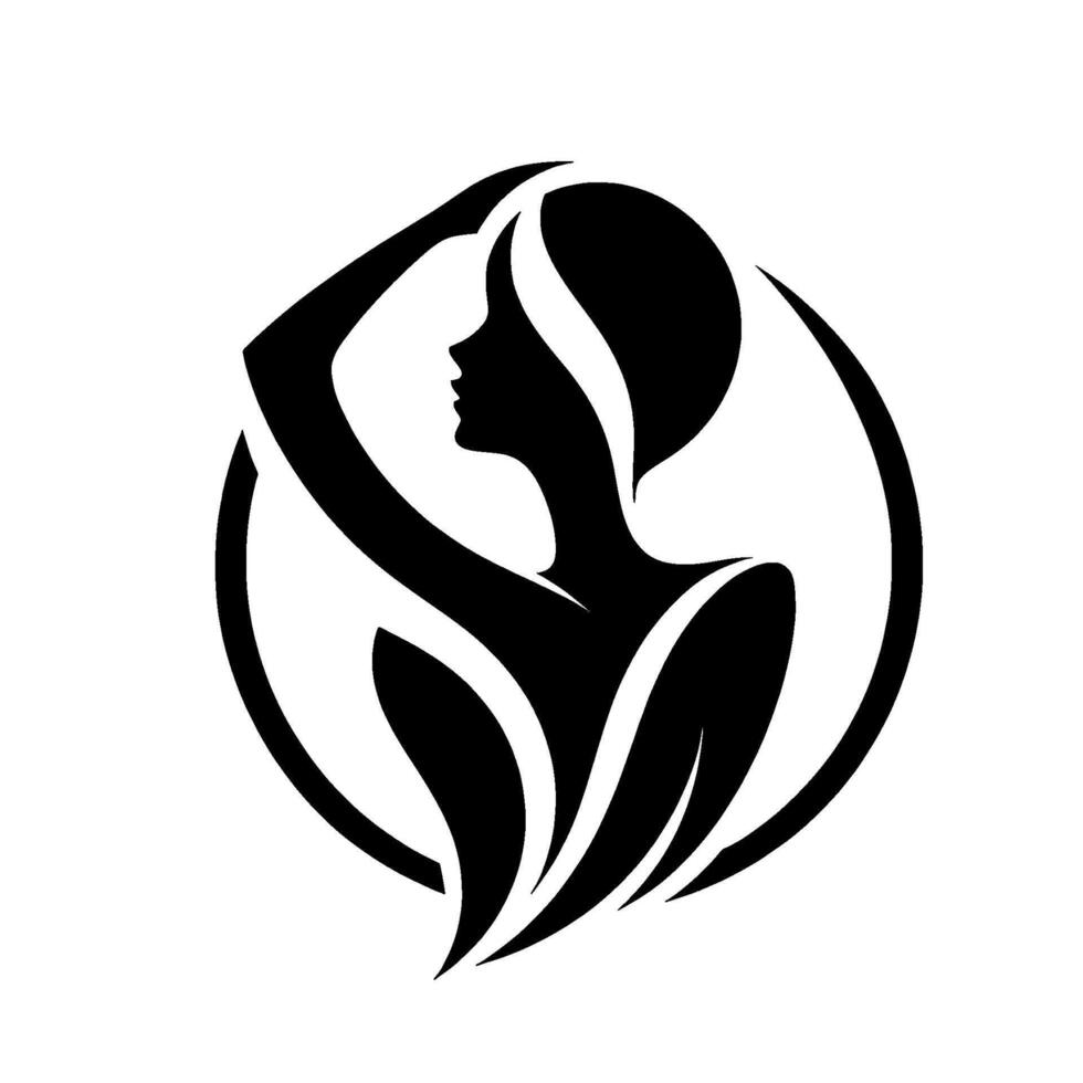 Elegant silhouette of a woman in a circle, arm raised, minimalist beauty emblem, artistic on white background. vector