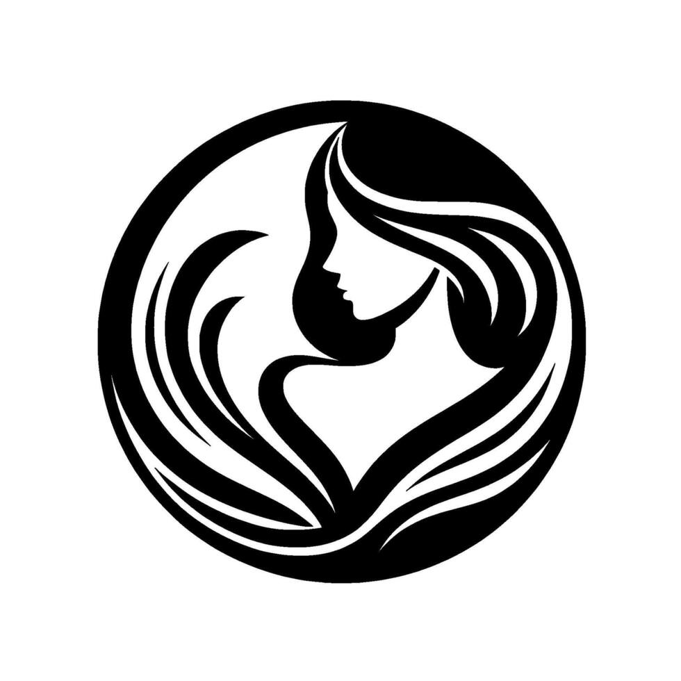 Elegant silhouette of a womans profile surrounded by flowing lines, enclosed in a circular frame, representing grace and beauty. vector
