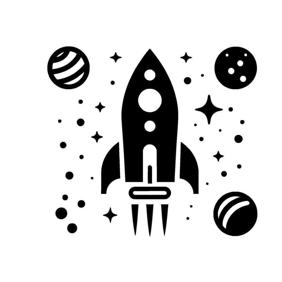 Black and white minimalist illustration a rocket ship soaring through the cosmos with planets, stars, and celestial bodies. vector