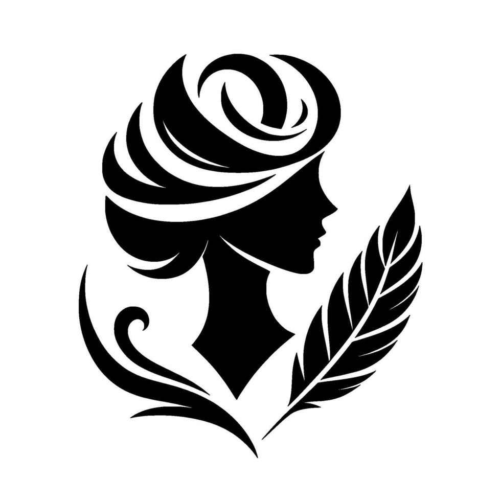 Elegant silhouette of a woman adorned with a floral headdress and feather, evoking grace and artistic flair. vector