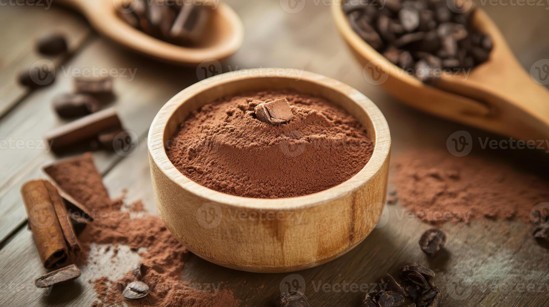 Rich cocoa powder and coffee beans arranged on a wooden surface with cinnamon sticks at a cozy kitchen setting, perfect for baking or beverages photo