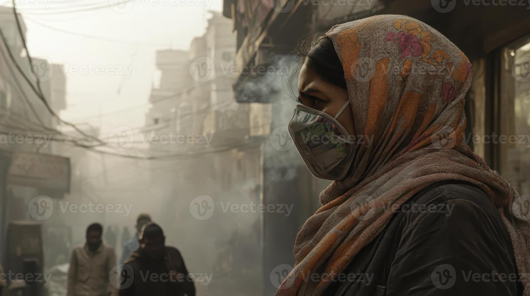 Woman in a colorful scarf and mask stands on a busy street amidst smog and haze, emphasizing urban air pollution and public health concerns photo