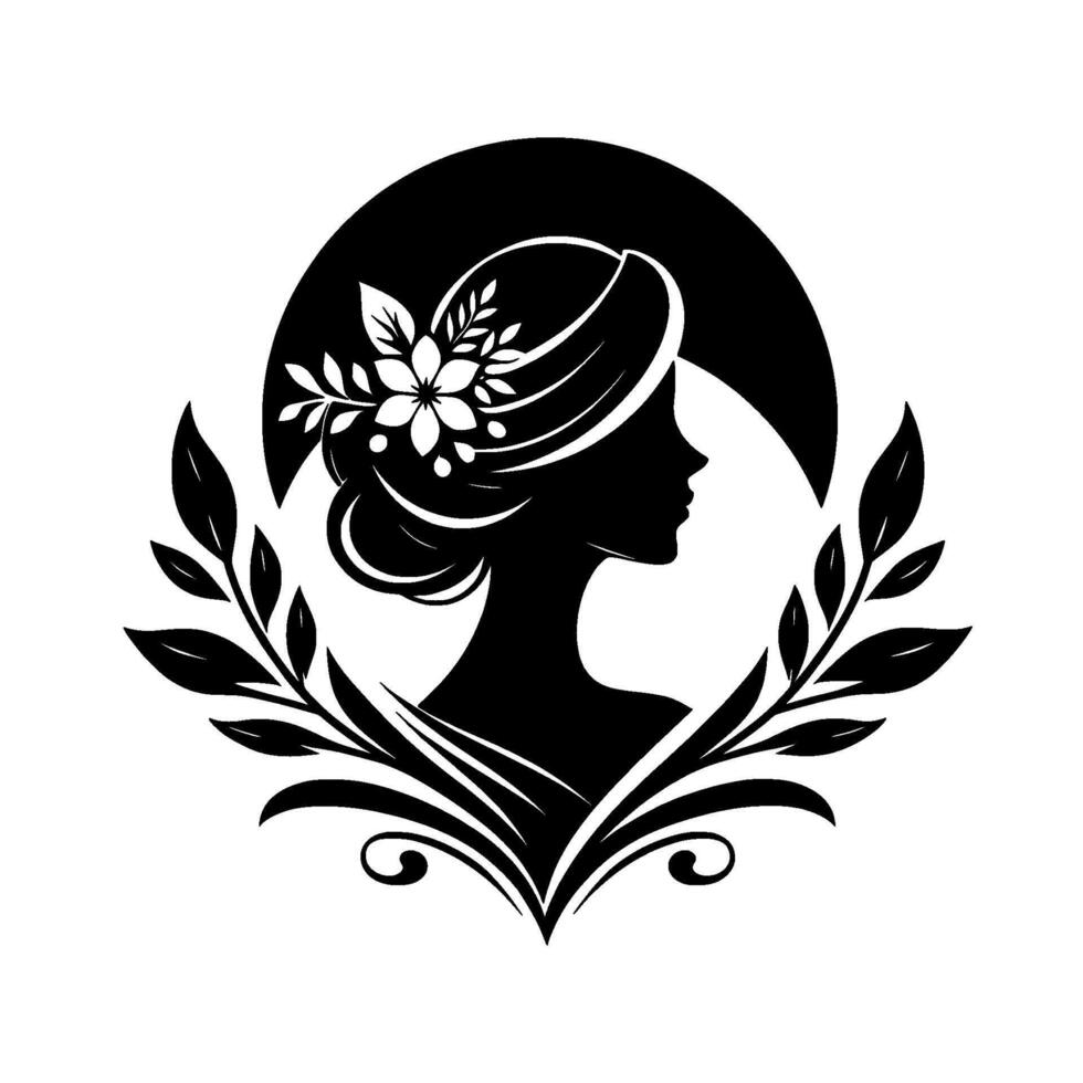 Elegant silhouette a womans profile adorned with flowers and leaves, framed by a circular backdrop, evoking a sense of classic beauty and refined grace. vector