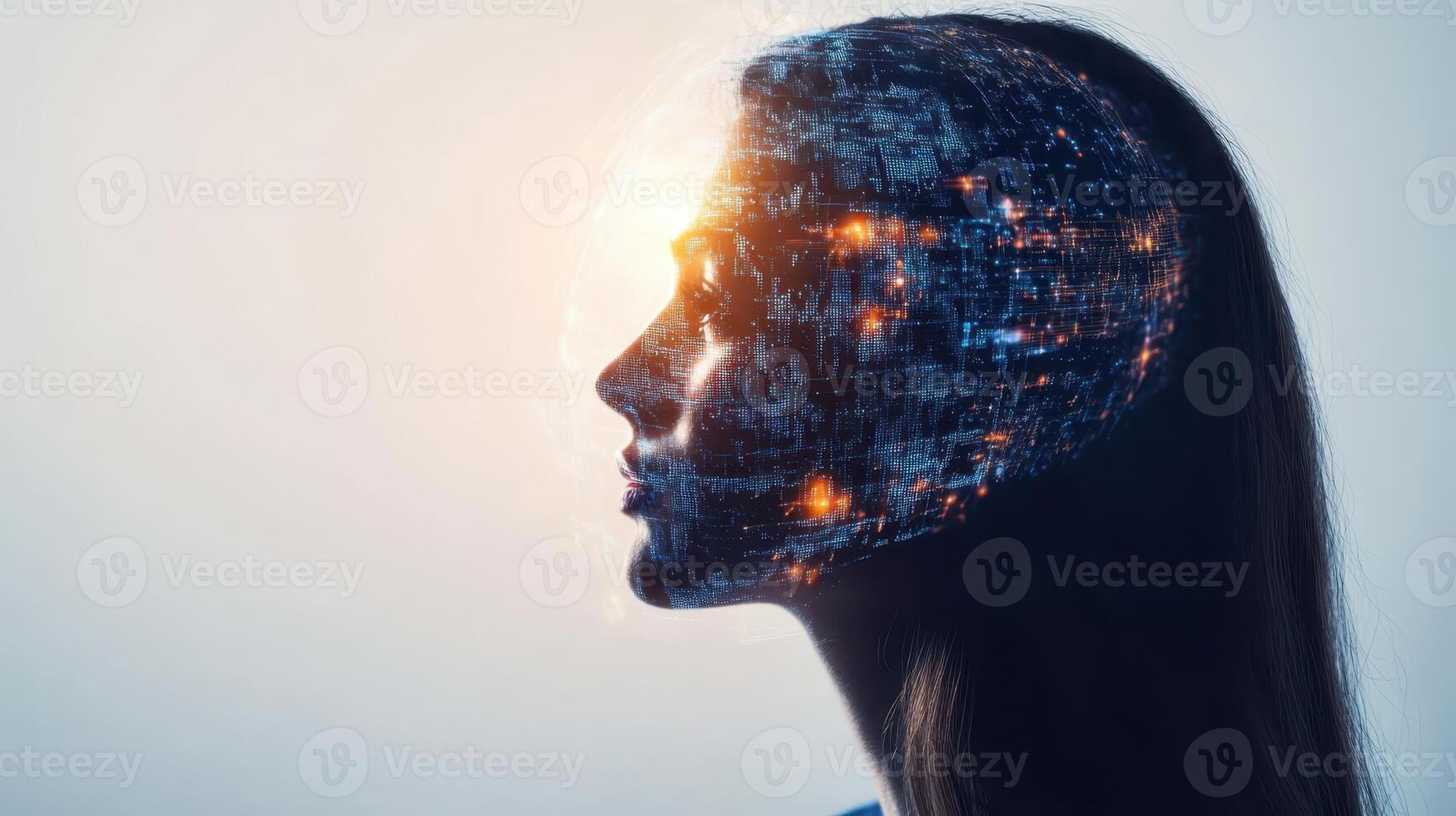 Delving deep into the intricate fusion of advanced technology and the essence of human identity within an imaginative, futuristic digital landscape photo