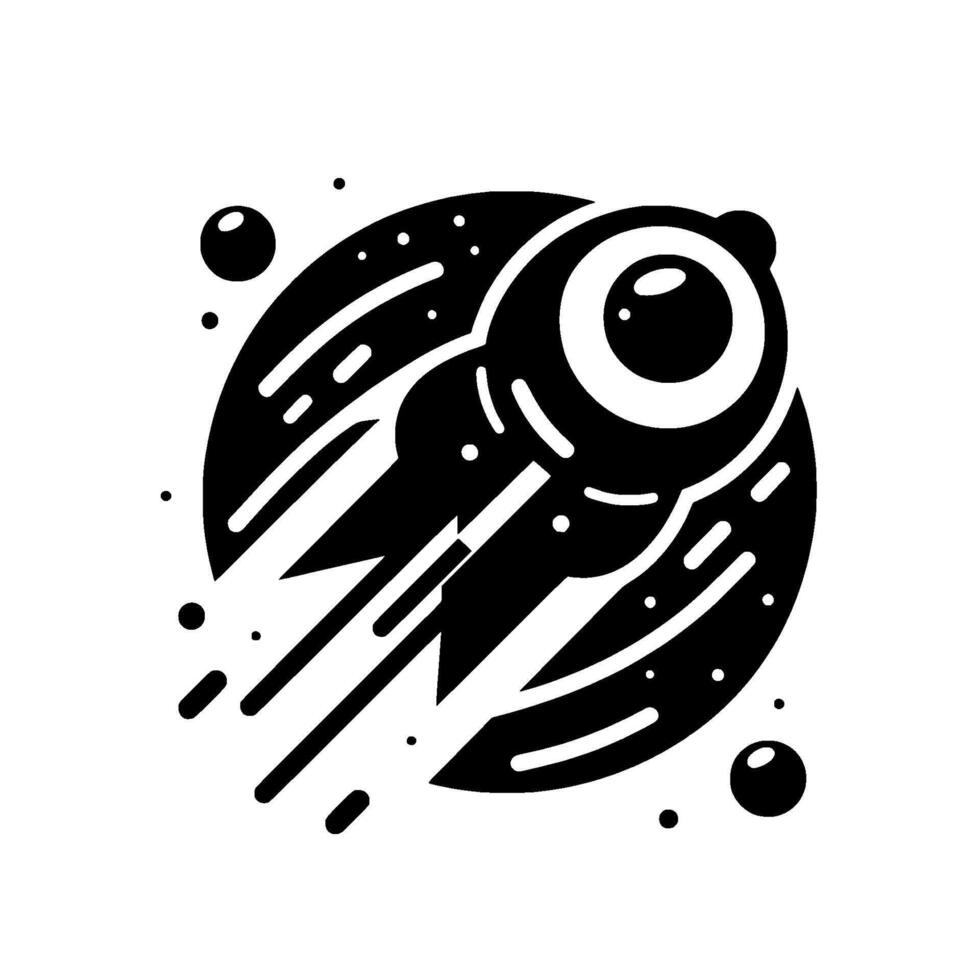 Stylized cosmic eye blazing through space a bold black and white illustration depicting a celestial body with a large eye and trail, surrounded by stars. vector