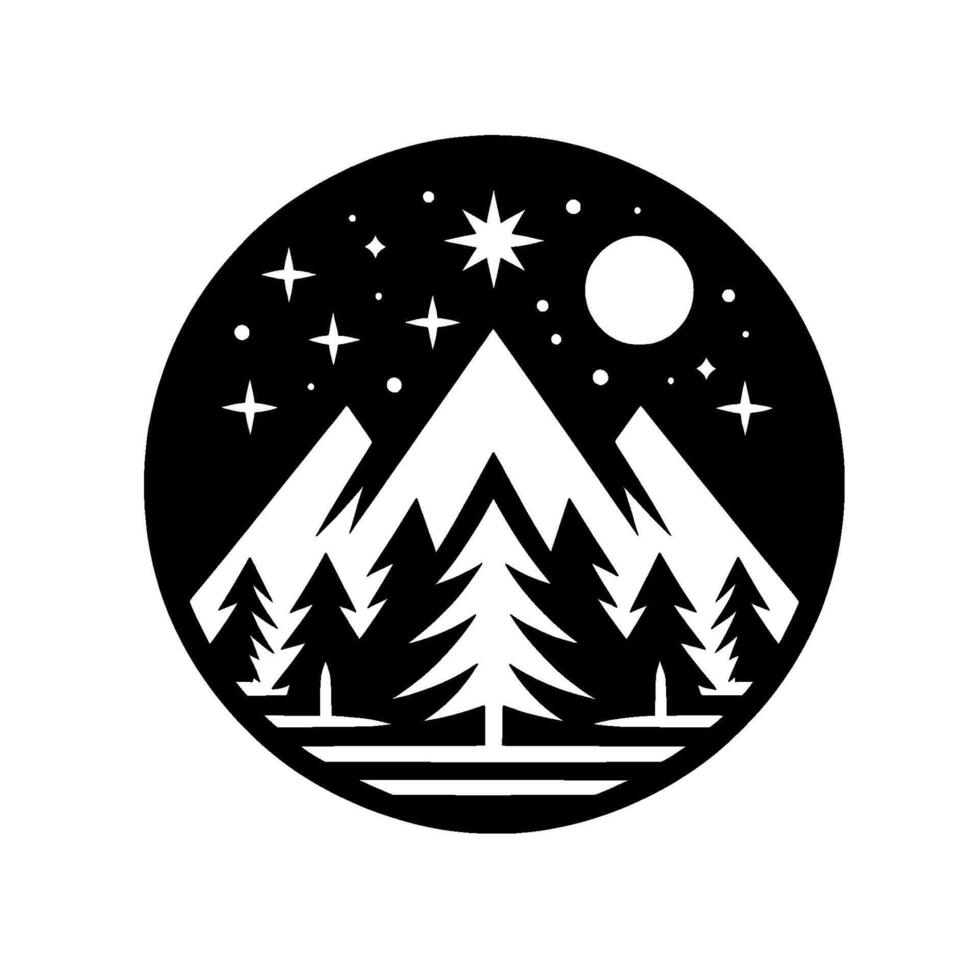 A serene nightscape illustration depicting stylized mountain peaks, silhouetted pine trees, a radiant moon, and twinkling stars within a circular frame, rendered in black and white. vector