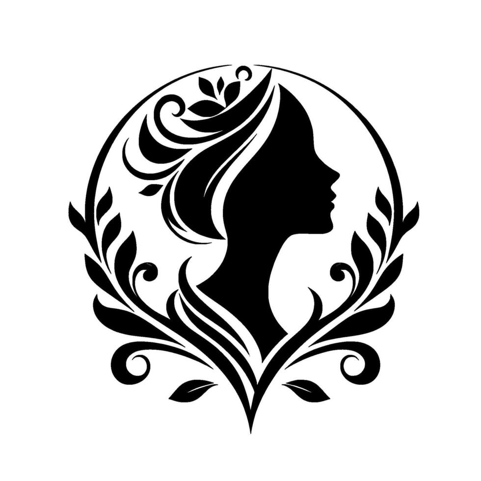 Elegant black silhouette of a womans profile enclosed in a circular frame of floral foliage, evoking beauty and sophistication. vector
