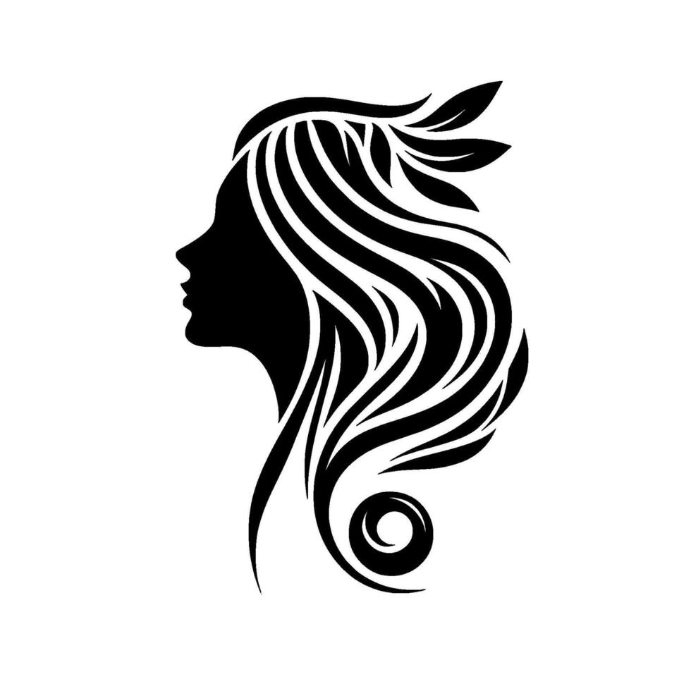 Elegant black silhouette of a womans profile with flowing hair and leaf accents, ideal for beauty and wellness branding. vector