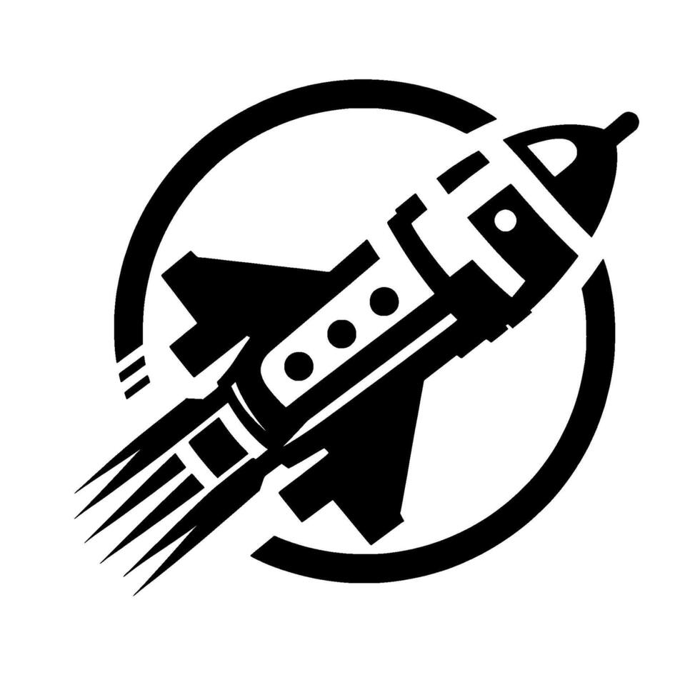 A bold black and white rocket ship emblem, ascending within a circular frame, representing exploration and technology. vector