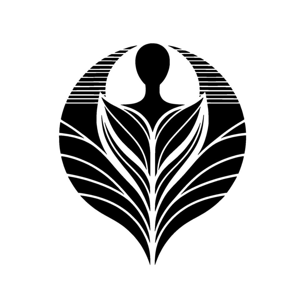 Abstract silhouette of a figure within a botanical heart, enclosed in a geometric halo, rendered in bold black and white lines. vector
