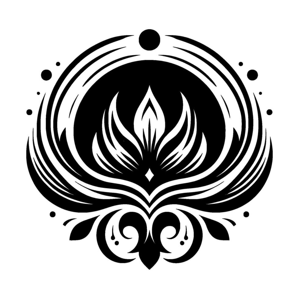 Intricate black and white floral mandala with a central lotuslike motif, enclosed within a circular frame, emphasizing symmetry. vector