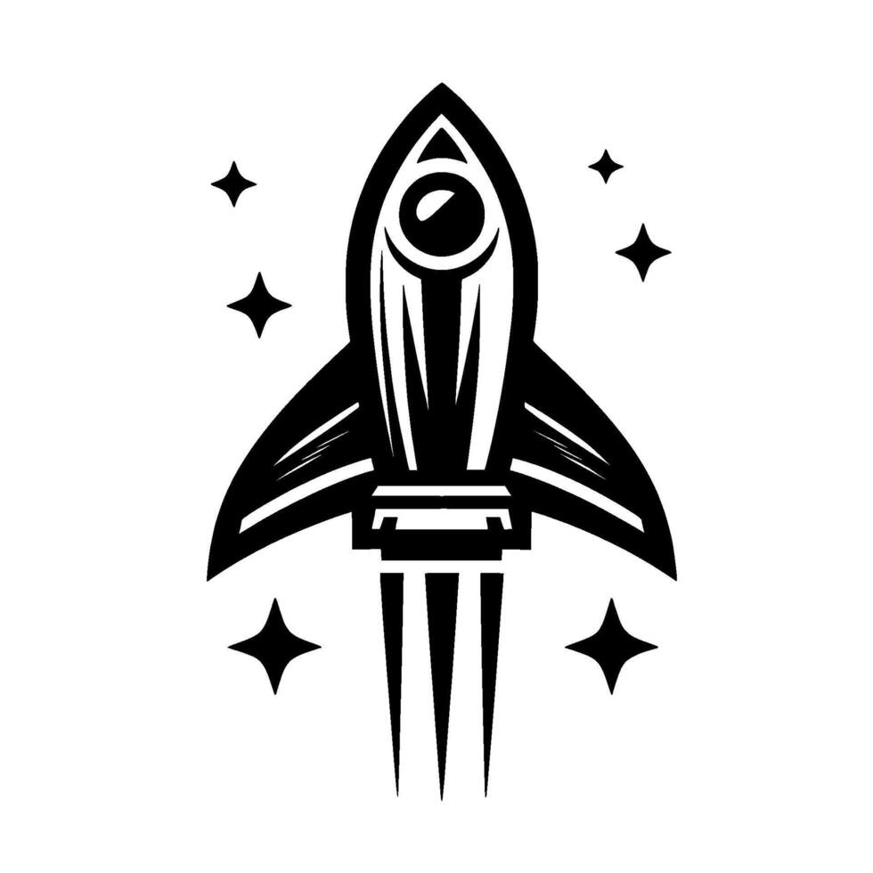 Bold black and white rocket ship illustration with starry accents, modern graphic, space exploration. vector