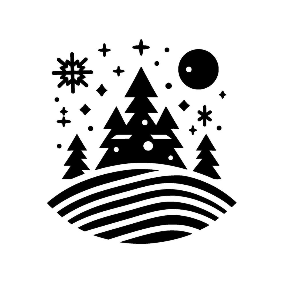 Minimalist black and white winter scene with pine trees, snow, and moon, representing holiday cheer and simple beauty. vector