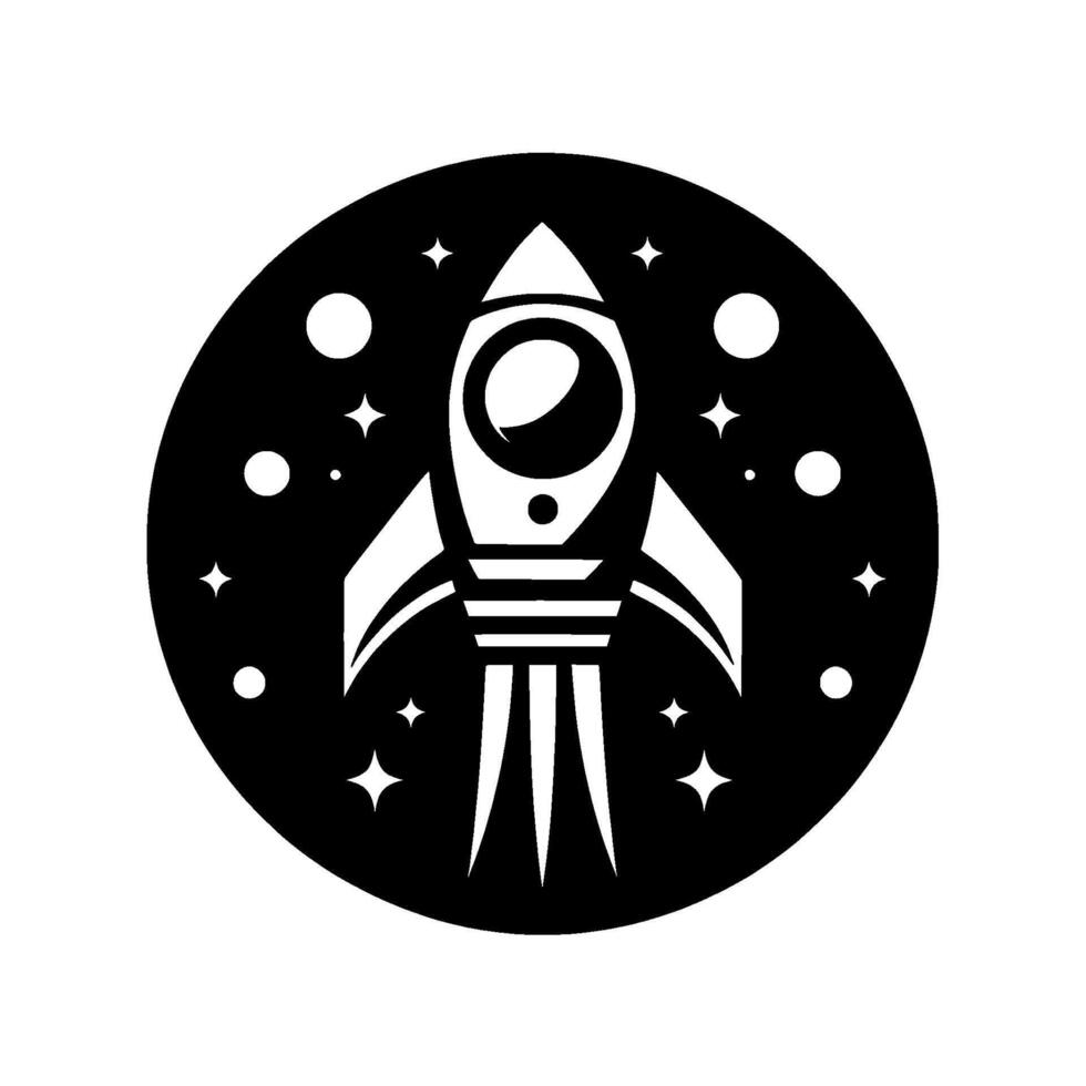 A minimalist monochrome illustration of a rocket ship silhouetted within a black circle, framed with stars and planets, evoking space travel. vector