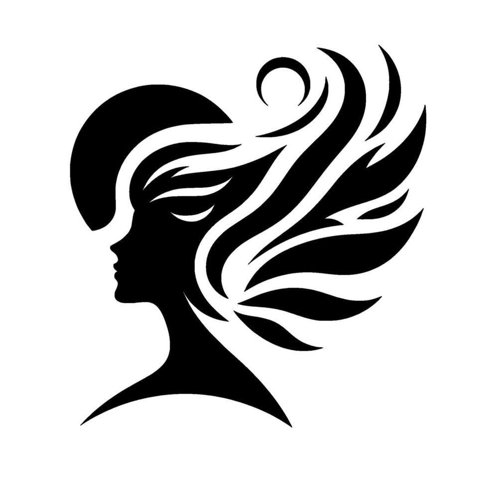 Silhouette of a woman with flowing hair and moon, elegant black and white vector