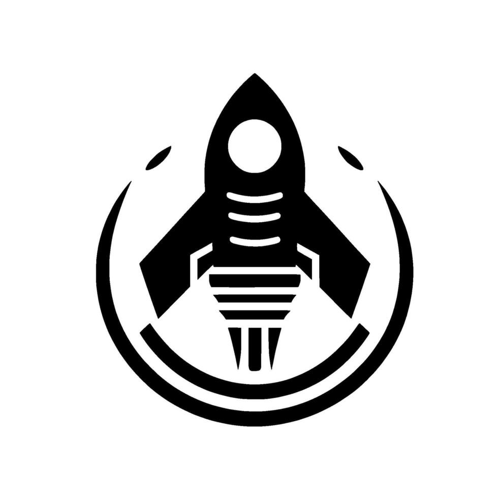 A minimalist black and white of a rocketship within a circular frame, with stylized wings and exhaust, suggesting flight and progress. vector