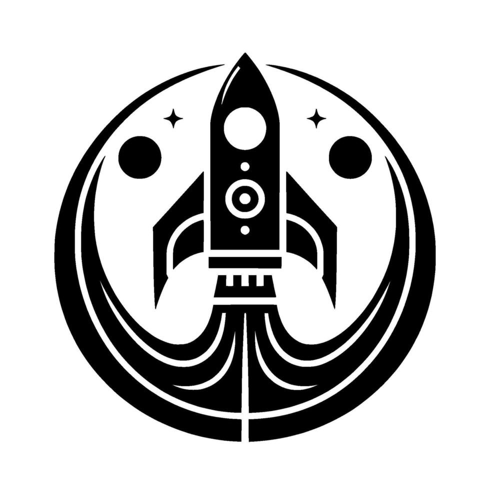 Black and white stylized depicting a rocket ship launching within a circular frame, surrounded by celestial elements. vector