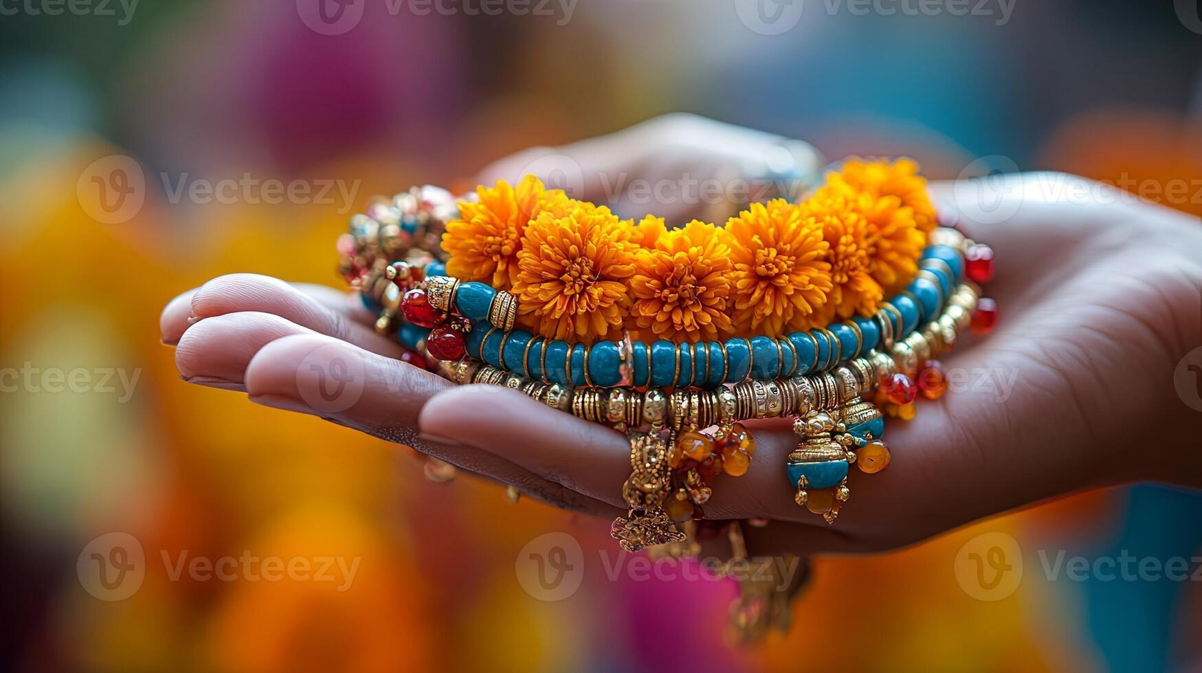 Celebration of Raksha Bandhan with traditional wristbands and marigold flowers held in a hand during the festive season in India photo