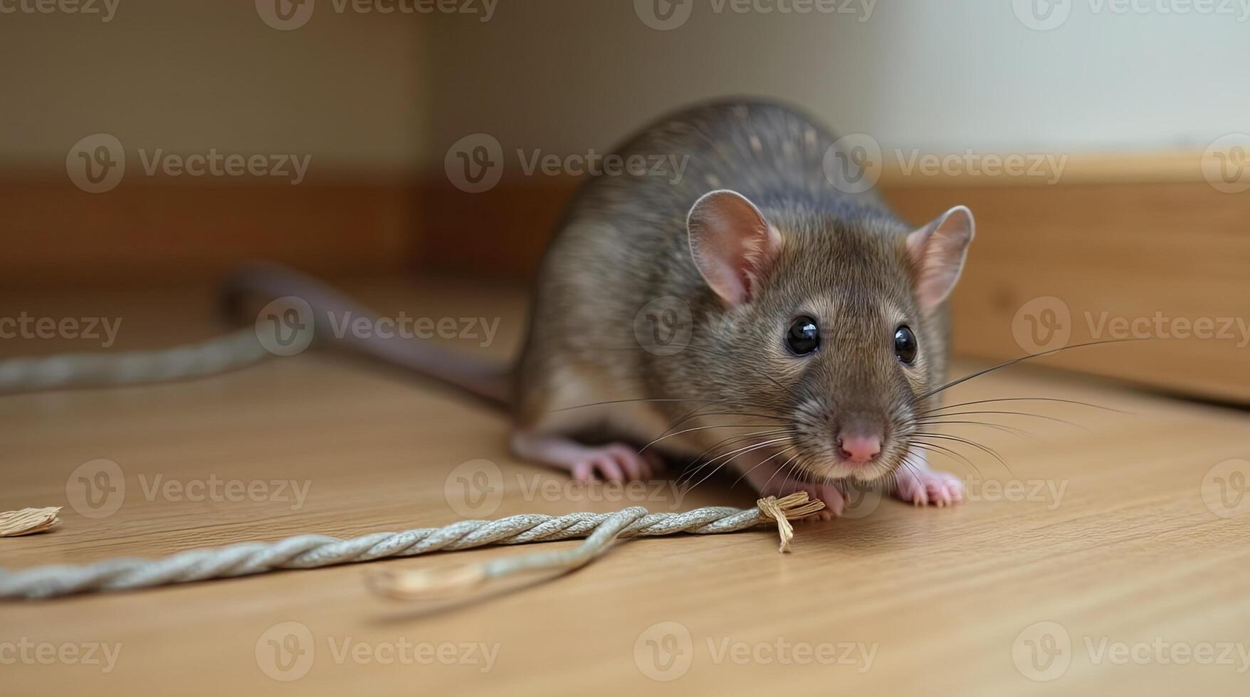 Brown rat explores a wooden floor while interacting with a piece of string in a cozy indoor setting photo