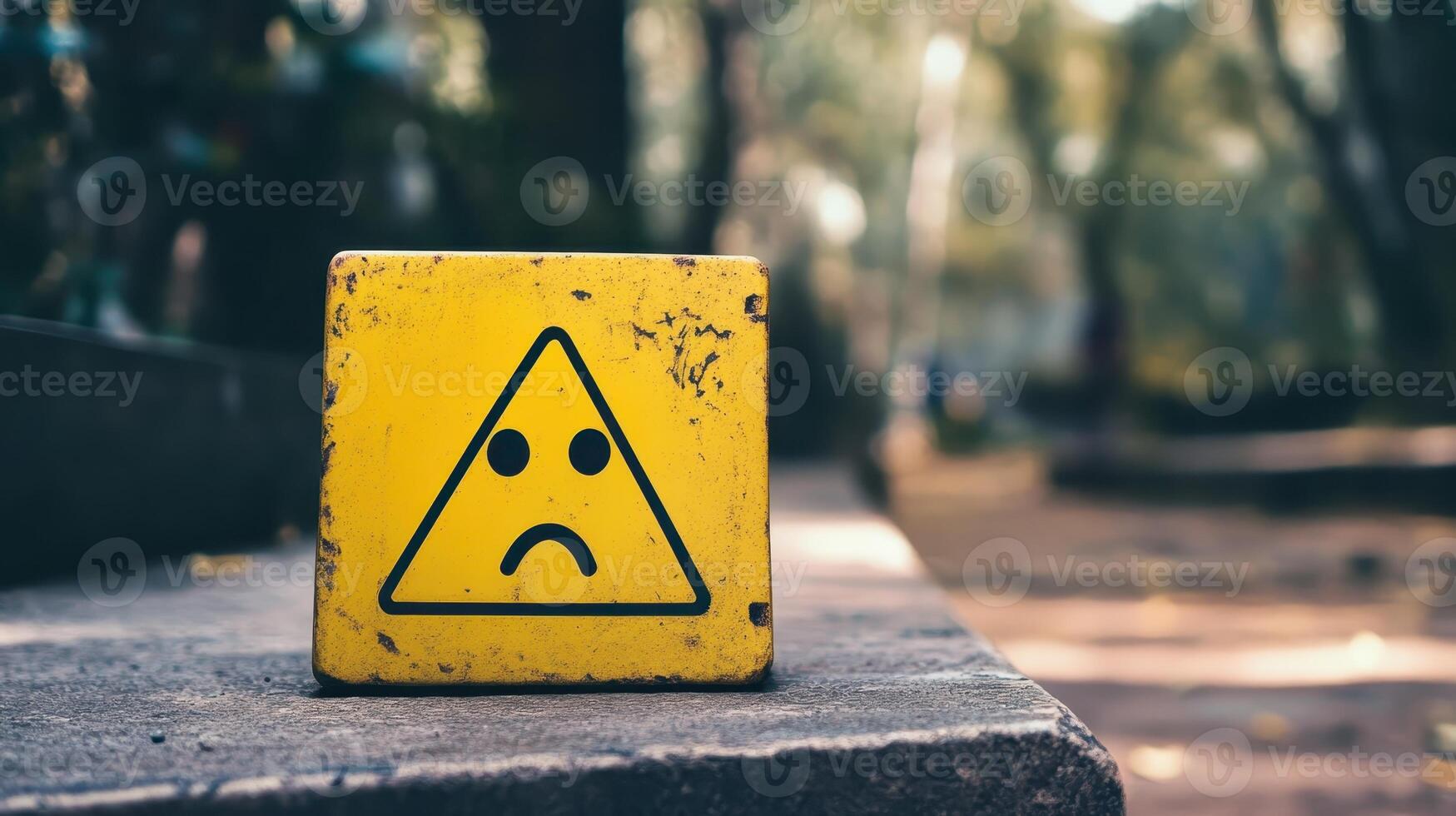 A warning sign featuring a frowning face can be seen in a park during daylight hours, indicating that caution is needed photo