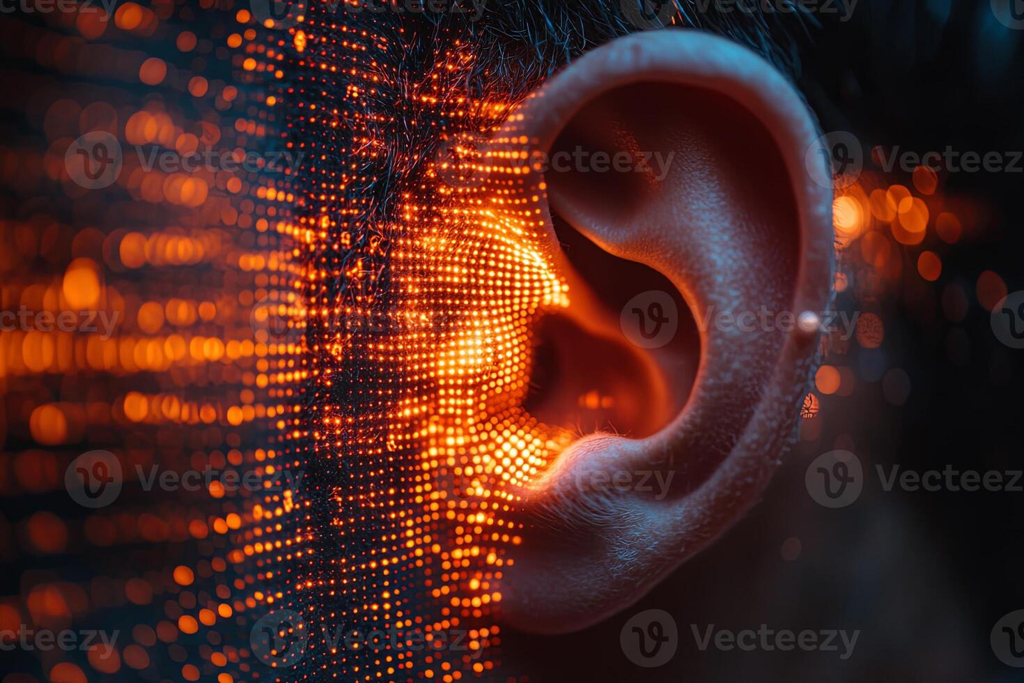 Digital representation of an ear with glowing elements illustrating sound and technology at twilight showcasing the intersection of humanity and data photo