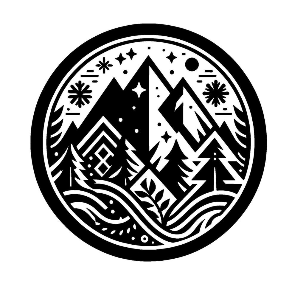 Minimalist black white circular nature scene mountain peaks under starry night, surrounded by stylized trees and water. vector