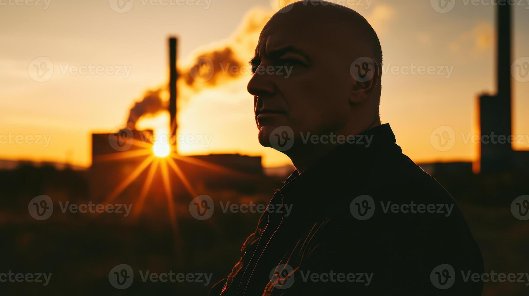 Man stands silhouetted against a sunset with industrial smokestacks releasing steam in the background, creating a stark contrast in a gritty urban setting photo