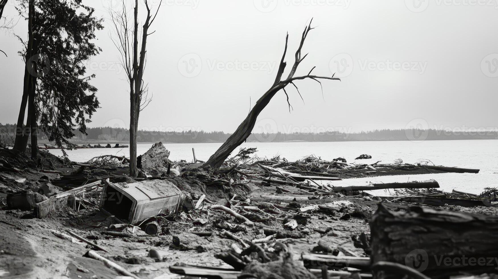 Debris and fallen trees line the shoreline of a desolate lake under a cloudy sky, capturing the aftermath of a significant environmental event disrupting the landscape and ecosystem photo
