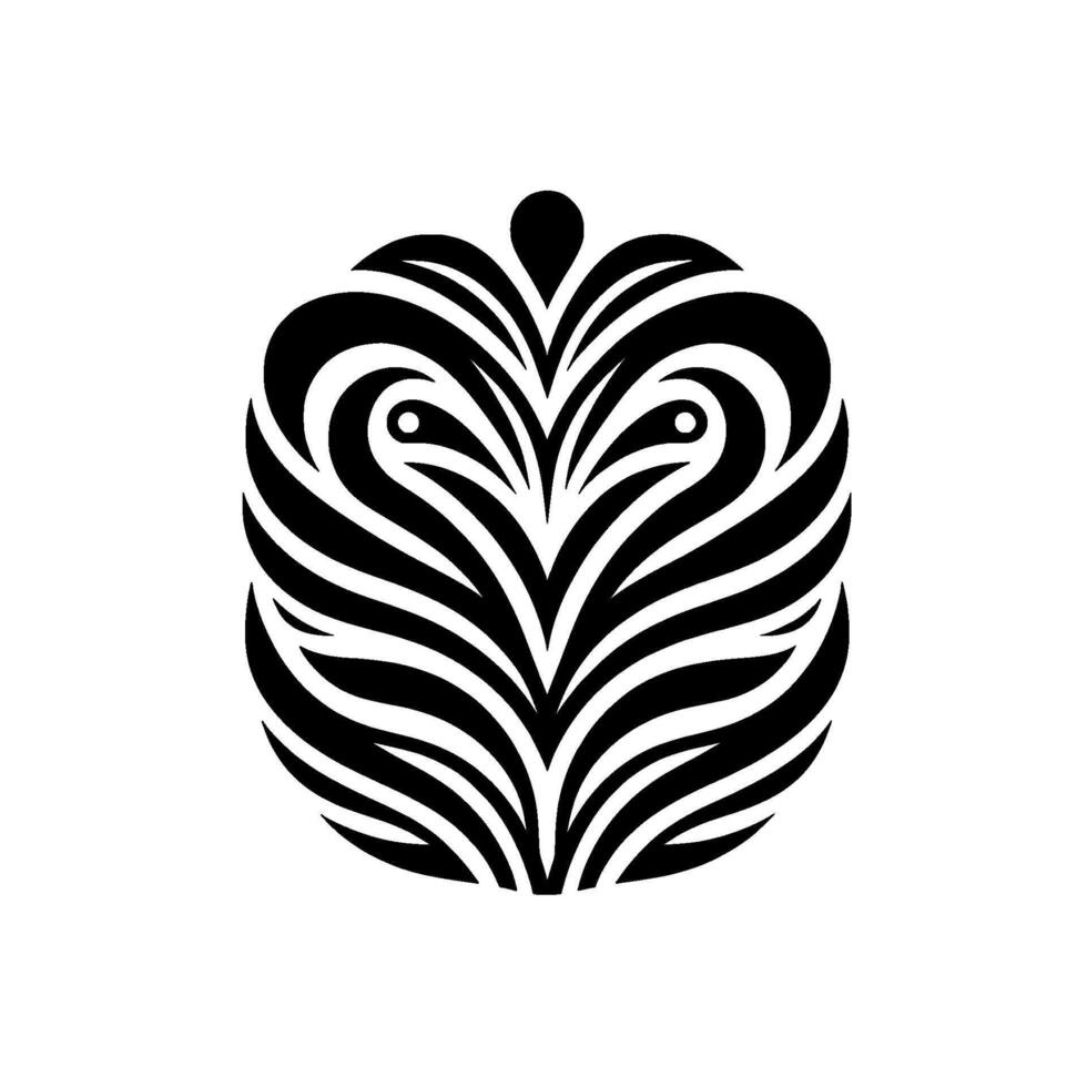 A symmetrical, stylized black and white of an eyelike form, constructed from swirling, curved lines and organic shapes, set against a stark white backdrop. vector