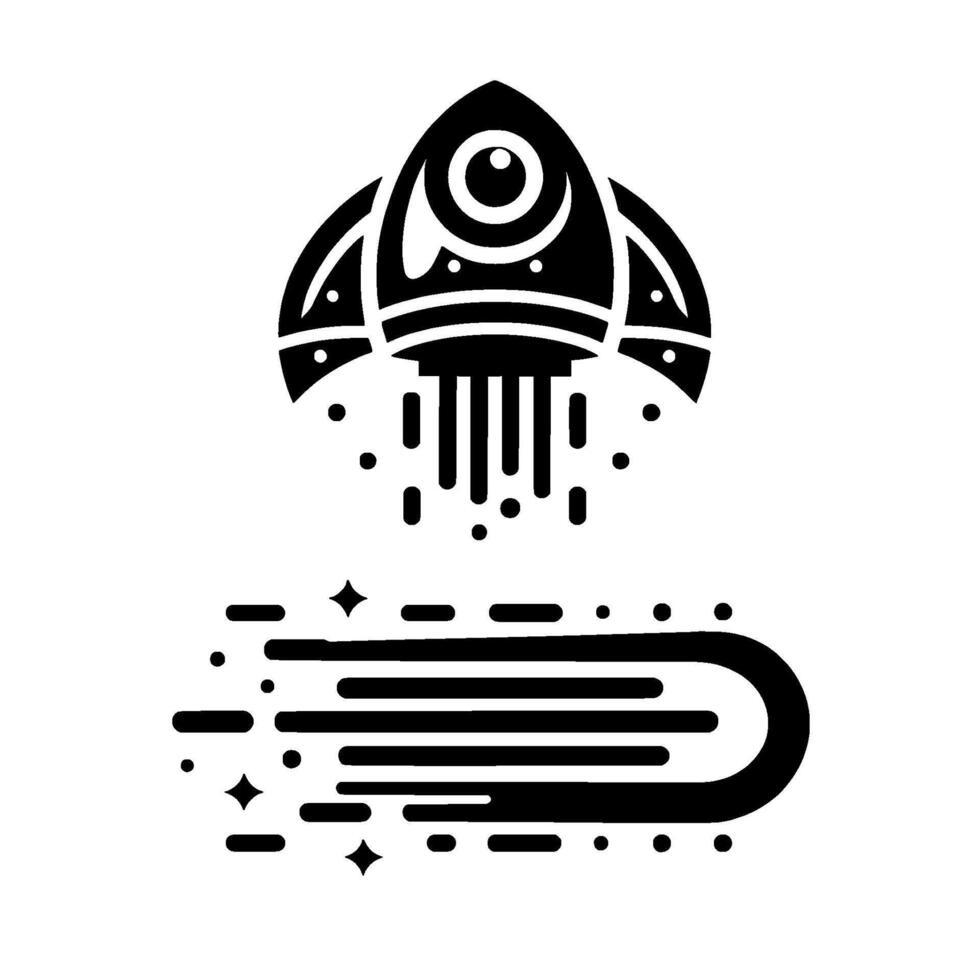 Black and white minimalist illustration of a rocket ship blasting off, leaving a cometlike trail of stars and streaks. vector