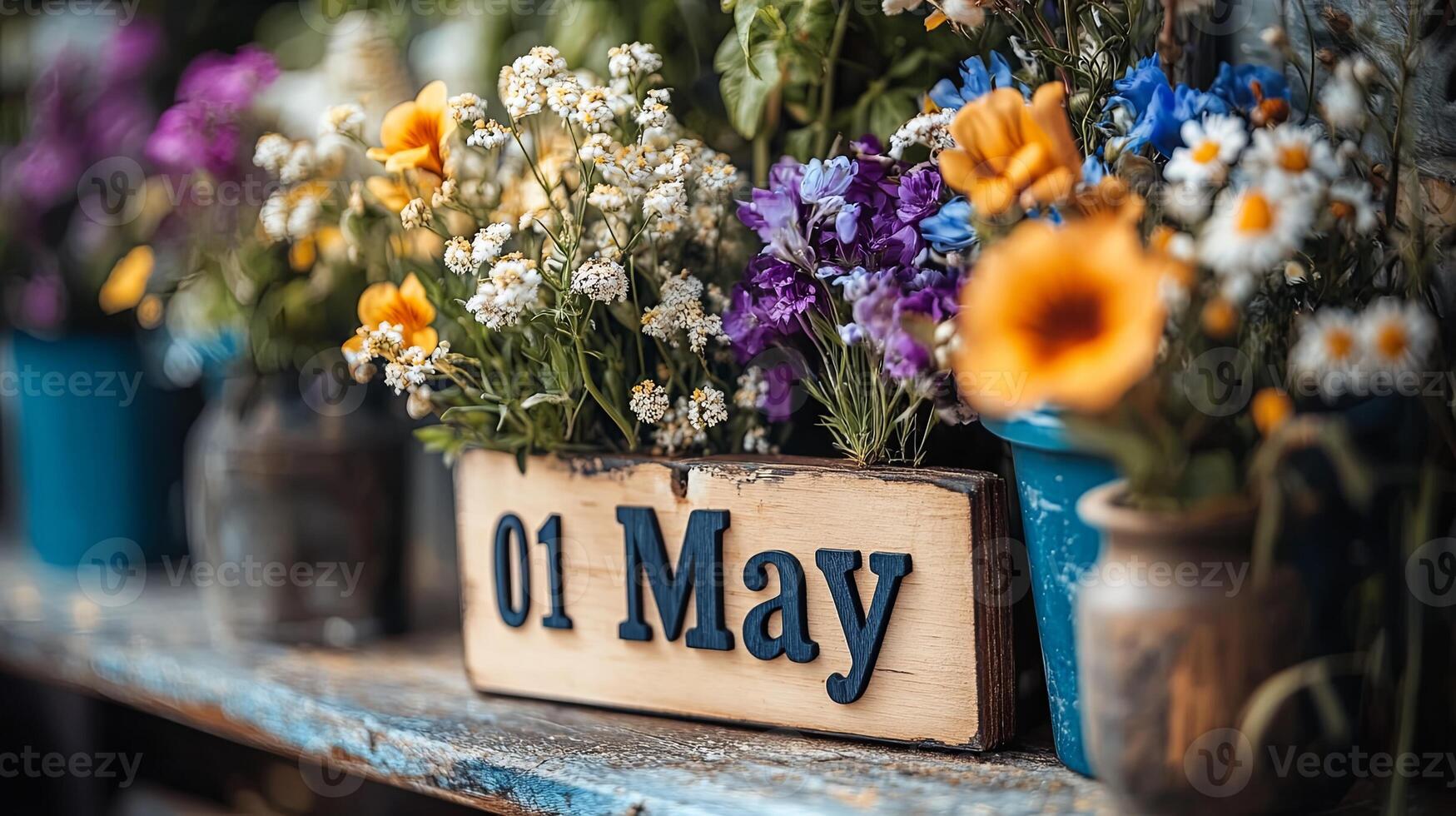Delicate flowers beautifully frame a wooden calendar displaying 01 May in a serene outdoor setting filled with vibrant colors and natural beauty photo