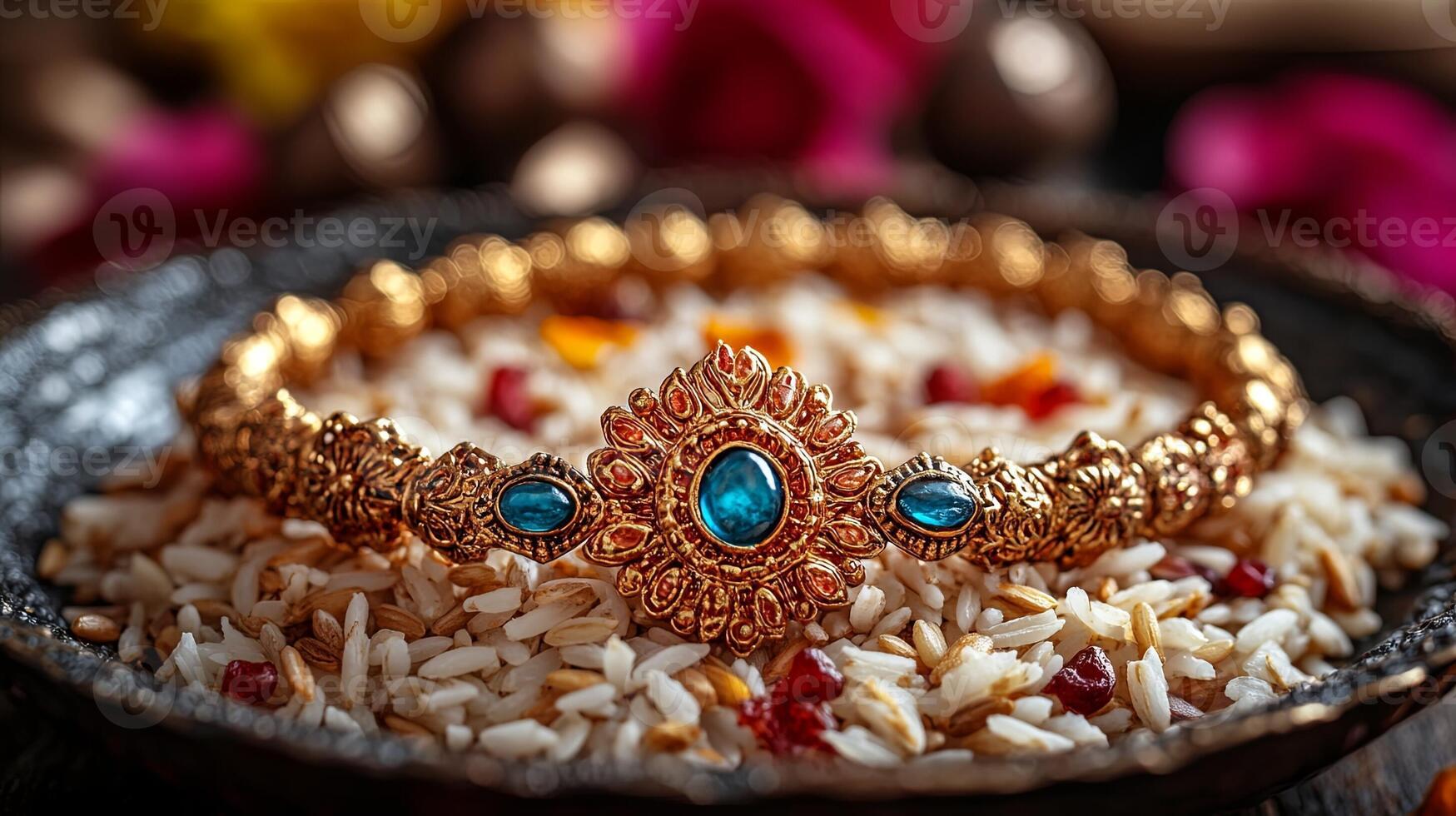 Celebrate Raksha Bandhan with an elegant Rakhi adorned with beautiful gemstones surrounded by rice grains and kumkum on a decorative platter photo