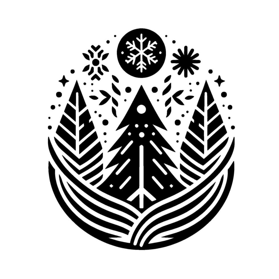 Monochromatic winter holiday geometric trees, snowflakes, and foliage encapsulated in an oval composition. vector