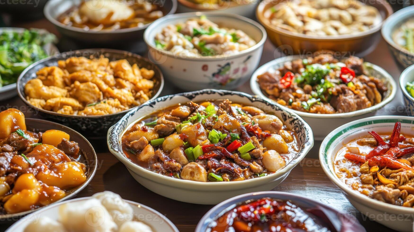 Delicious spread of various dishes featuring vibrant colors and diverse ingredients in a bustling dining setting photo