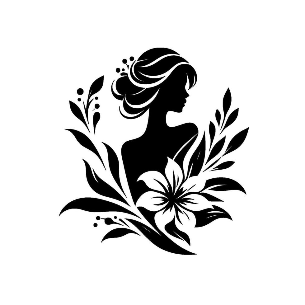 Elegant silhouette of a woman adorned with floral accents, presented in a modern minimalist black and white on a clean white background. vector