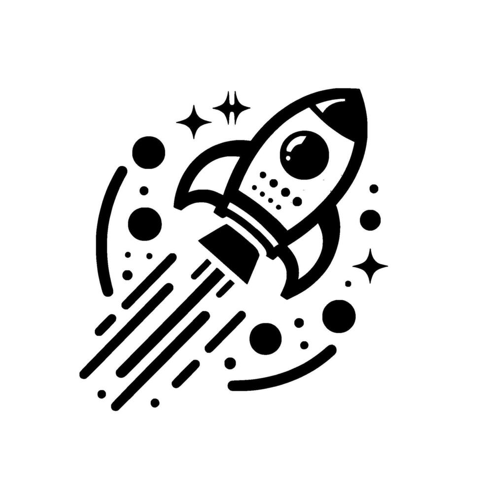 A black and white cartoon rocket ship blasting off amidst stylized stars and celestial bodies against a pristine white background. vector