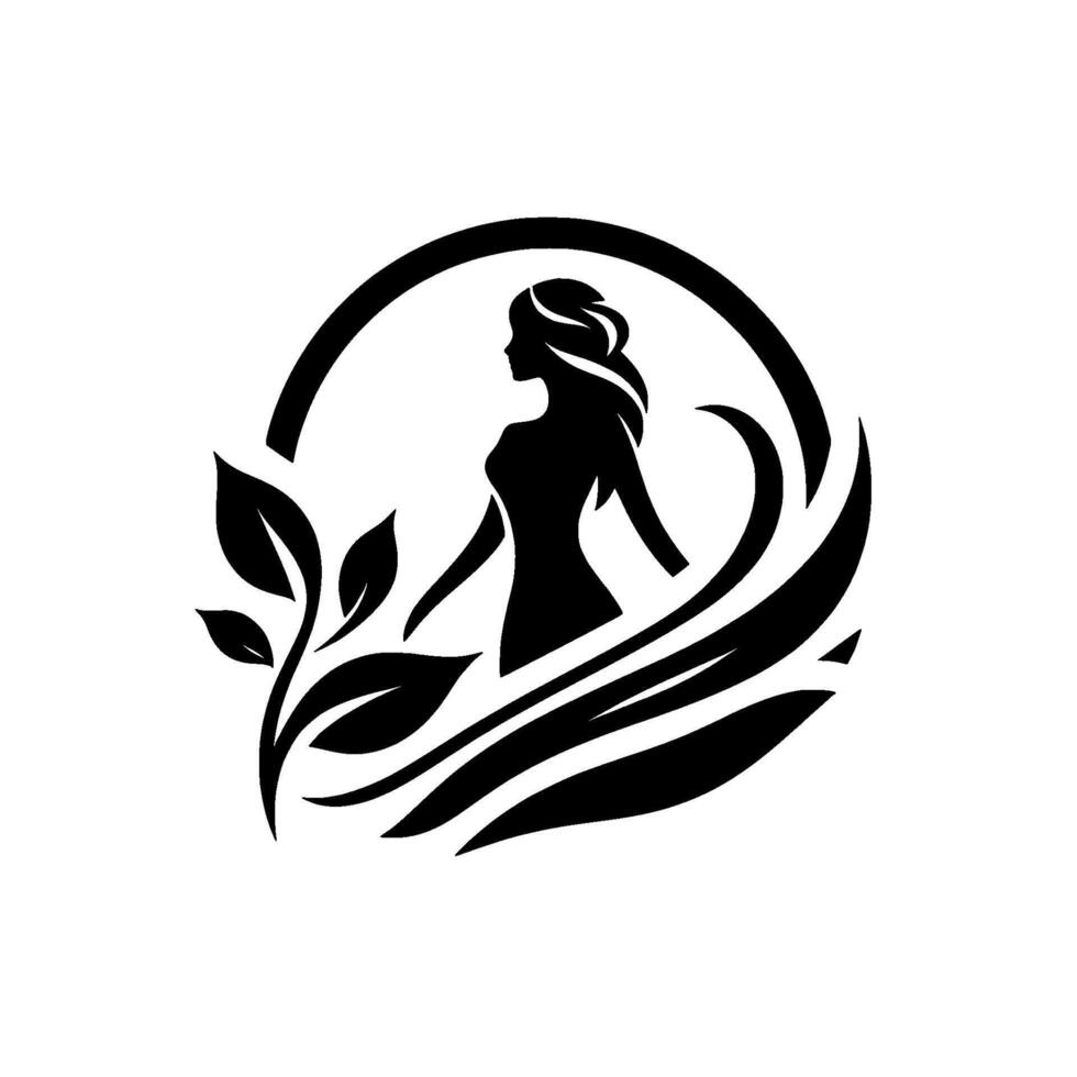 Elegant silhouette a serene, minimalist showcasing a woman within a circle, framed by organic leaves and flowing stylized elements, embodying natures grace. vector