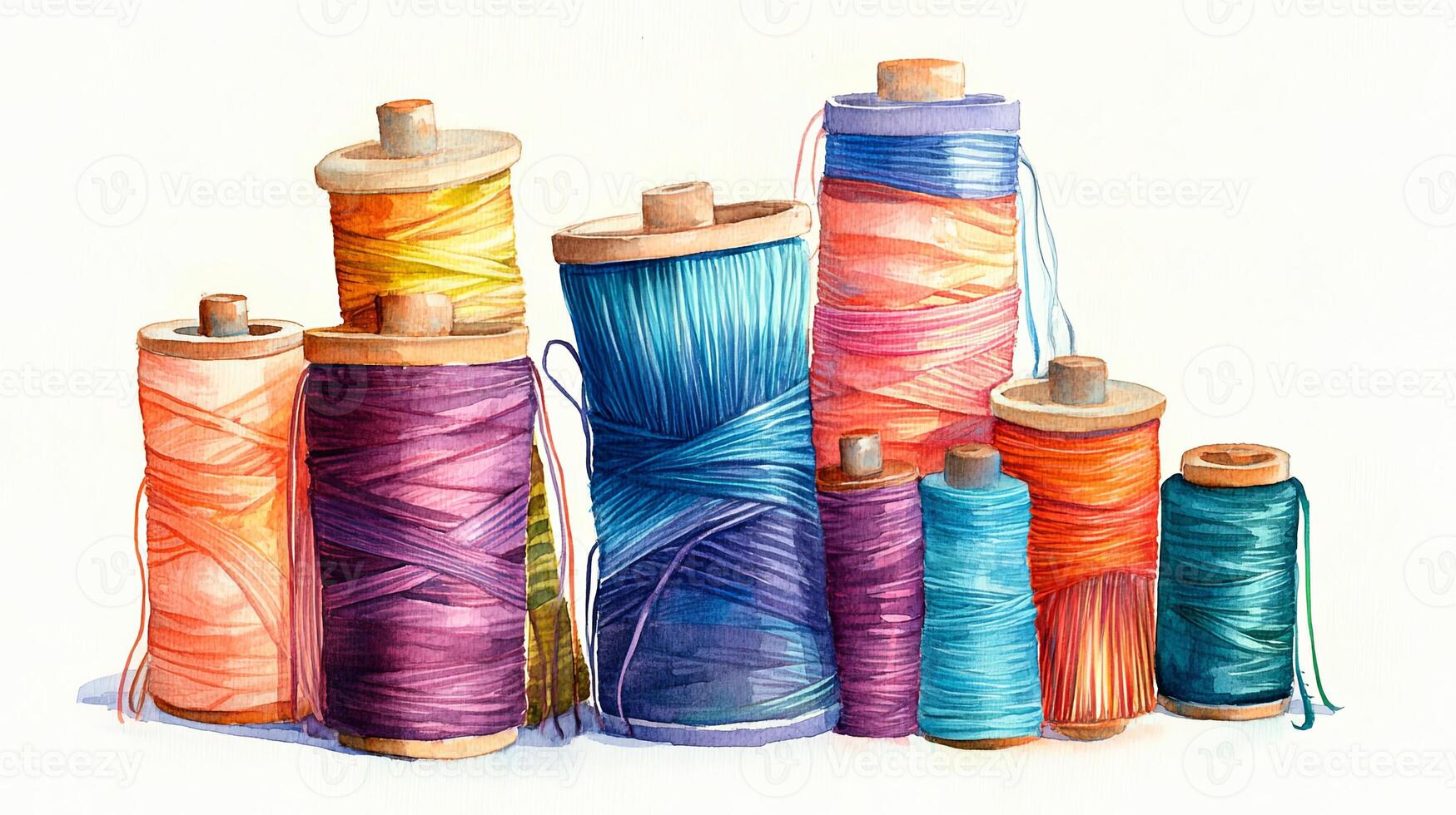 Colorful threads on spools arranged artfully in a watercolor style on a clean white background showcasing vibrant hues for craft enthusiasts photo