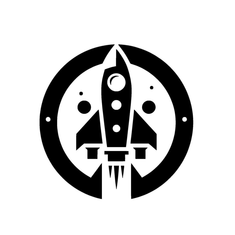 A stylized black and white features a rocket ship launching from within a circular frame, with cosmic elements. vector