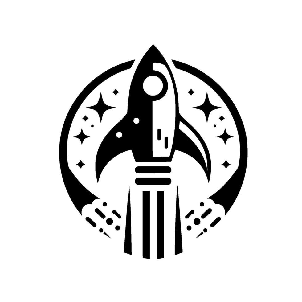 Bold black and white a rocket ship taking off, encircled by a ring with stars, and with stylized flames below. vector